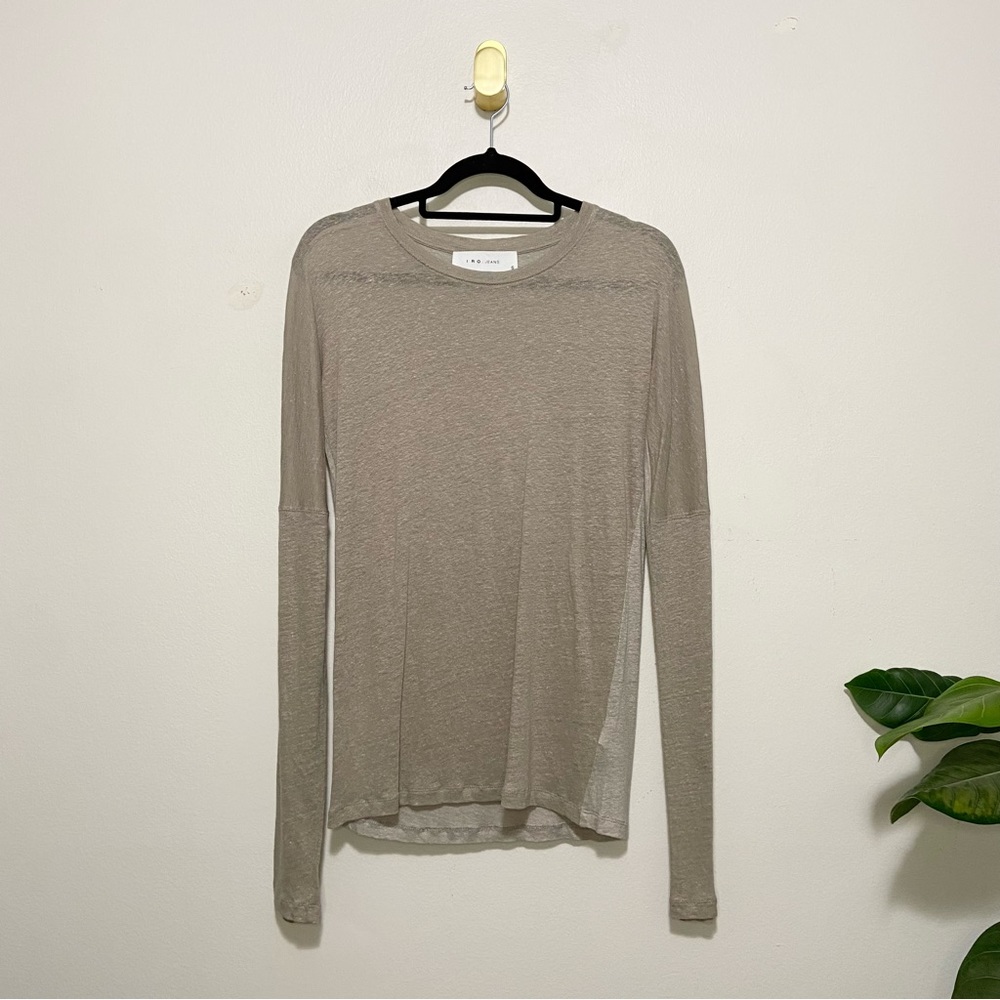 IRO Jeans Tan Linen Scoop Neck Long Sleeve Drop Shoulder Top